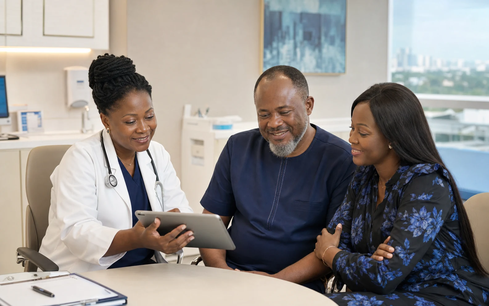 Nigerian doctor sharing a connected digital care plan with a patient